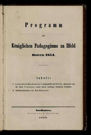 1854: Programm des Königlichen Pädagogiums zu Ilfeld : Ostern 1853