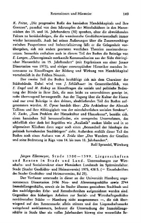 Ellermeyer, Jürgen :: Stade 1300 - 1399, Liegenschaften und Renten in Stadt und Land, Untersuchungen zur Wirtschafts- und Sozialstruktur einer Hansischen Landstadt im Spätmittelalter, (Einzelschriften des Stader Geschichts- und Heimatvereins, 25) : Stade, Stader Geschichts- und Heimatverein, 1975