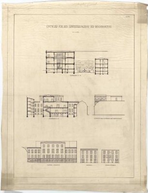 Billing, Hermann; Berlin; Reichskanzlei, Erweiterungsbau - Querschnitt A - B; Längsschnitt C - D; Seitenansicht nach D. Ehrendorf D. Reichskanzlerpalais; Hauptbau, Rückansicht; Wohnhaus, Ansicht, Rückansicht (Schnitte; Ansichten)