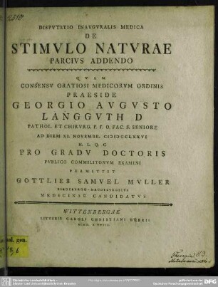 Disputatio Inauguralis Medica De Stimulo Naturae Parcius Addendo