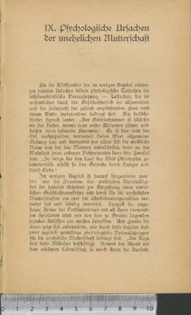 IX. Psychologische Ursachen der unehelichen Mutterschaft