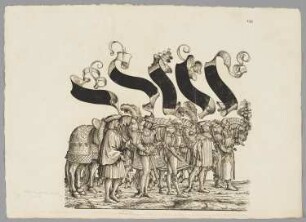 Fünf Männer führen Pferde, Blatt 133 aus: Marx Treitzsaurwein, "Kaiser Maximilian I Triumph – le triomphe de l’Empereur Maximilien I en une suite de Cent trent cinq planches gravées en bois d’après les dessins de Hans Burgmair", Wien 1796