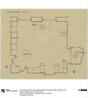 Darmstadt, Musiksaal im Neuen Palais, Grundriss mit Möblierungsplan