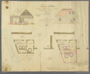 Entwurf (Schnitt, Ansicht und zwei Grundrisse) eines Färberei Anbaus vor dem Falkenschlage an der Weißeritz bei Dresden (heute in Dresden-Löbtau), mit Maßstab in Ellen
