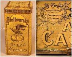 Vorrats-Blechdose mit Öffnungsring und Sichtscheibe für "Stollwerck's ADLER CACAO" (Abbildung eines Adlers auf zwei Weltkugeln)