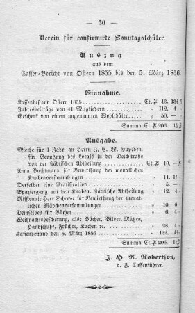 Verein für confirmirte Sonntagsschüler. Auszug aus dem Cassen=Bericht von Ostern 1855 bis den 5. März 1856.