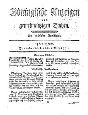 13tes Stück. Sonnabends, den 27ten Merz 1773.