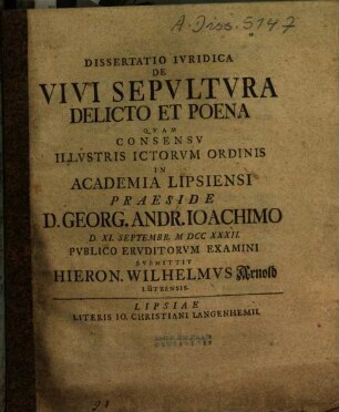 Dissertatio iuridica de vivi sepultura delicto et poena