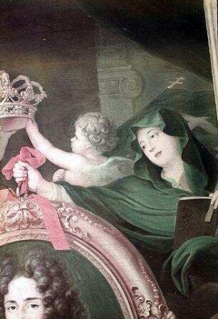 Brustbild des Herzogs Leopold Clemens von Lothringen, gehalten von den Allegorien der Stärke, des Glaubens und der Klugheit, mit den Symbolen der Künste