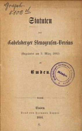Statuten des Gabelsberger Stenografen-Vereins  zu Emden : [Umschlagtitel.]