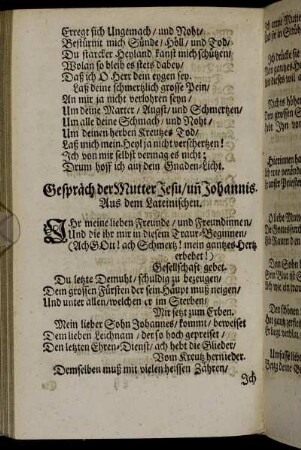 Gespräch der Mutter Jesu / und Johannis. Aus dem Lateinischen