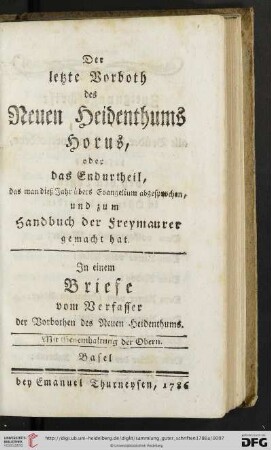 Der letzte Vorboth des Neuen Heidenthums Horus, oder das Endurtheil [...]