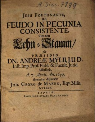 De Feudo In Pecunia Consistente : = Von dem Lehn-Stamm