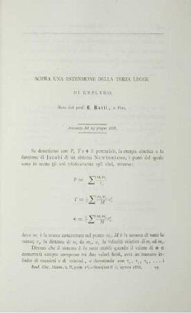 Sopra una estensione della terza legge di keplero.