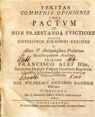 Veritas Commvnis Opinionis Circa Pactvm De Non Praestanda Evictione, Contra Novissimos Boehmeri Errores