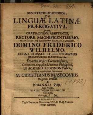 Dissertatio Academica, De Linguae Latinae Praerogativa