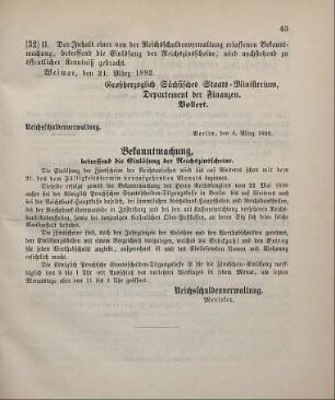 32. Ministerial-Bekanntmachung, die Einlösung der Reichszinsscheine betreffend