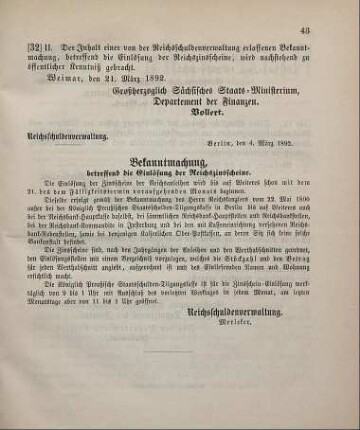 32. Ministerial-Bekanntmachung, die Einlösung der Reichszinsscheine betreffend