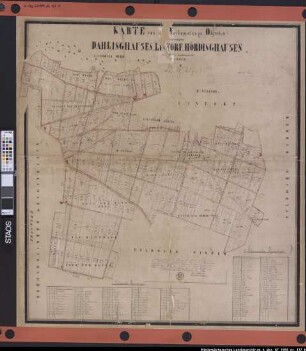 Verkoppelung der Feldmarken LINTORF, HÖRDINGHAUSEN und DAHLINGHAUSEN Karte von den Verkoppelungs-Objecten der Bauerschaften Dahlinghausen, Lintorf, Hördinghausen, Amt's Wittlage, Landdd. Osnabrück, Planche III. Ausf.-Art: farbige Handzeichnung auf Karton, auf Nessel aufgezogen Hersteller: bescheinigt F. von Steuber Format: 109 x 101 cm Maßstab: 1 : 2400 (ca.)