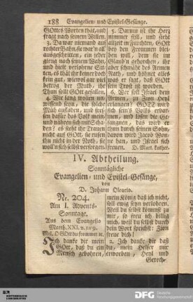 IV. Abtheilung. Sonntägliche Evangelien- und Epistel-Gesänge, von D. Johann Oleario.