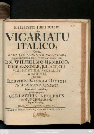Dissertatio Juris Publici, De Vicariatu Italico,