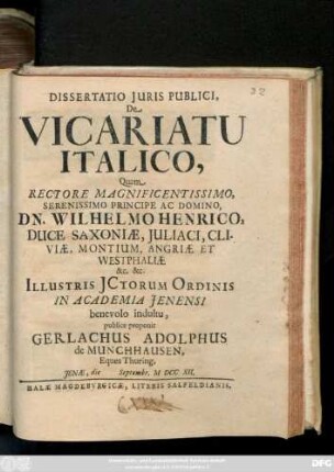 Dissertatio Juris Publici, De Vicariatu Italico,