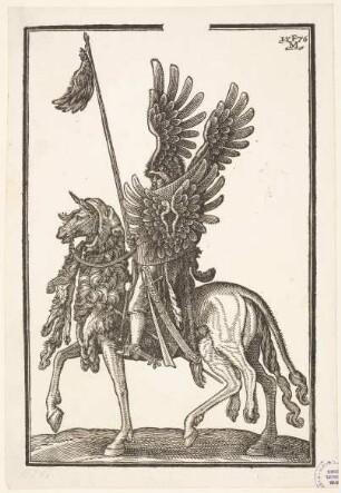 Ein gewappneter Reiter mit Helm und Schild, die mit Adlerflügeln verziert sind