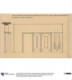 Giessen, Grossherzogliche Wohnung im Alten Schloss, Empfangszimmer, Aufriss der Westwand mit Schnitt