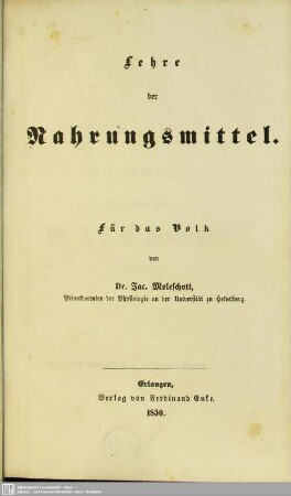 Lehre der Nahrungsmittel : für das Volk