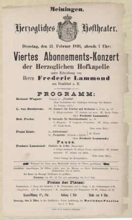 Theaterzettel für das Vierte Abonnements-Konzert der Herzoglichen Hofkapelle in der Spielzeit 1892/93 des Herzoglichen Hoftheaters in Meiningen.