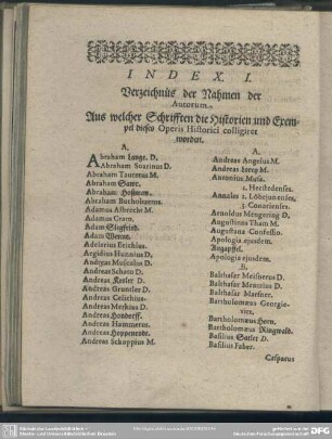 Index I. Verzeichnüs der Nahmen der Autorum