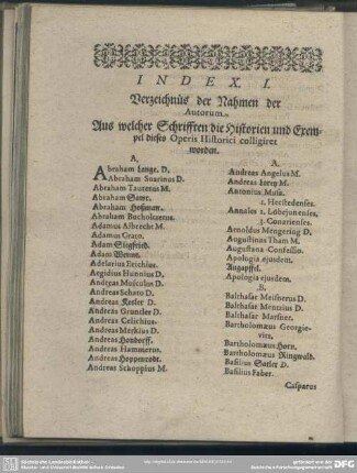 Index I. Verzeichnüs der Nahmen der Autorum