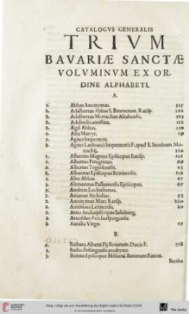 Catalogus generalis Trium Bavariae Sanctae voluminum ex ordine alphabeti