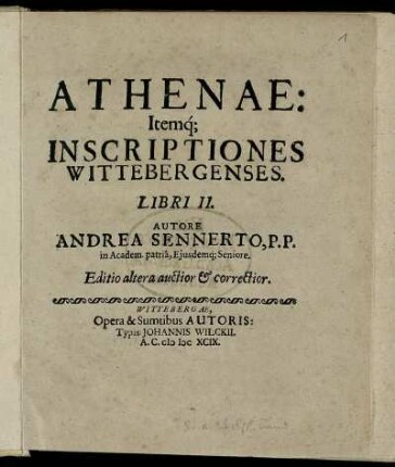 Athenae: Itemq[ue] Inscriptiones Wittebergenses : Libri II.