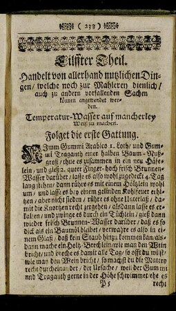 Eilffter Theil. Handelt von allerhand nutzlichen Dingen / welche noch zur Mahlerey dienlich / auch zu andern vorfallenden Sachen können angewendet werden.
