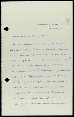 Nr. 9: Brief von Felix Hausdorff an David Hilbert, Greifswald, 14.3.1916
