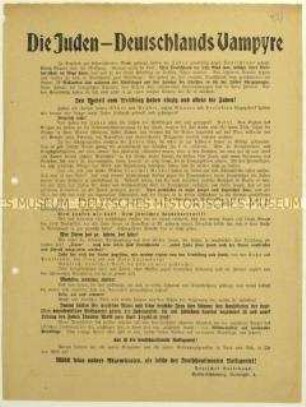 Antisemitisches Flugblatt des Deutschen Volksbundes mit Aufruf zur Wahl der Deutschnationalen Volkspartei in die Nationalversammlung 1919