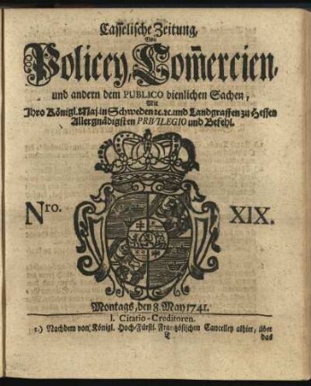 Nro. XIX, Montags, den 8. May 1741
