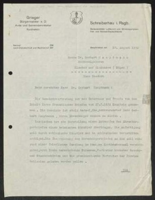Brief von ... Grieger von Schreiberhau / Kurdirektor, Schreiberhau / Bürgermeister an Gerhart Hauptmann