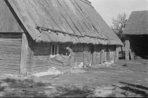 Altes gebohltes Haus mit Strohdach in Sprey. : Stare kładźite, ze słomu skryte domske w Sprjowje.