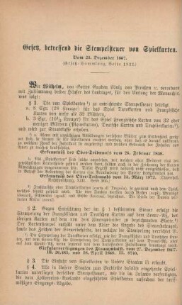 Gesetz, betreffend die Stempelsteuer von Spielkarten. Vom 23. Dezember 1867
