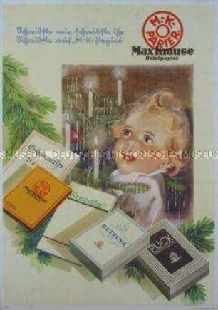 Werbeschild (Weihnachtsreklame) "Max Krause"-Briefpapier "Schreibste mir, schreibste ihr, schreibste auf M.-K.-Papier"
