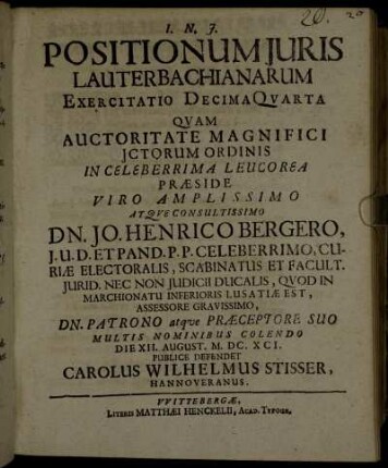 Positionum Juris Lauterbachianarum Exercitatio Decima Quarta