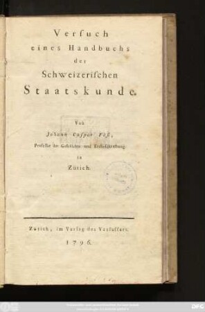 Versuch eines Handbuchs der Schweizerischen Staatskunde