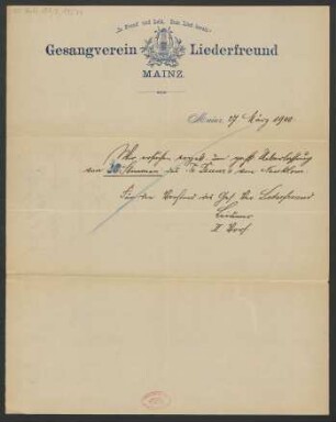 Brief an B. Schott's Söhne, Mainzer Liedertafel und Damengesangverein : 27.03.1900