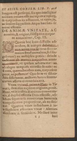 De Animae Unitate, Ac numero, & origine, illiusq[ue] cum corpore connexione, Cap. III.