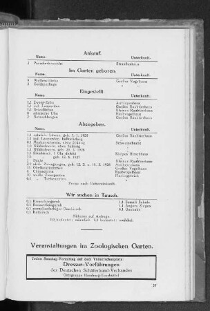 Veranstaltungen im Zoologischen Garten.