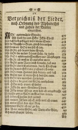 IV. Verzeichniß der Lieder, nach Ordnung des Alphabeths und Zahlen der Blätter eingerichtet.