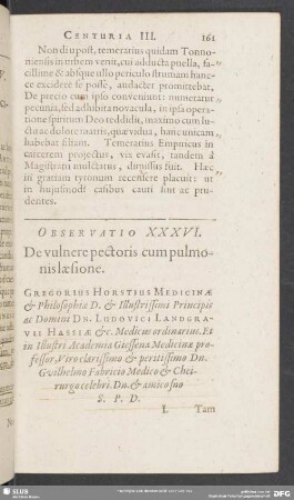 Observatio XXXVI. De vulnere pectoris, cum pulmonis lesione