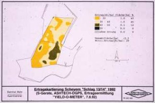 Ertragskartierung Scheyern "Schlag 13/14" 1992 (S-Gerste; ASHTEC-GPS; Ertragsermittlung "YIELD-O-METER", 7.8.1992)